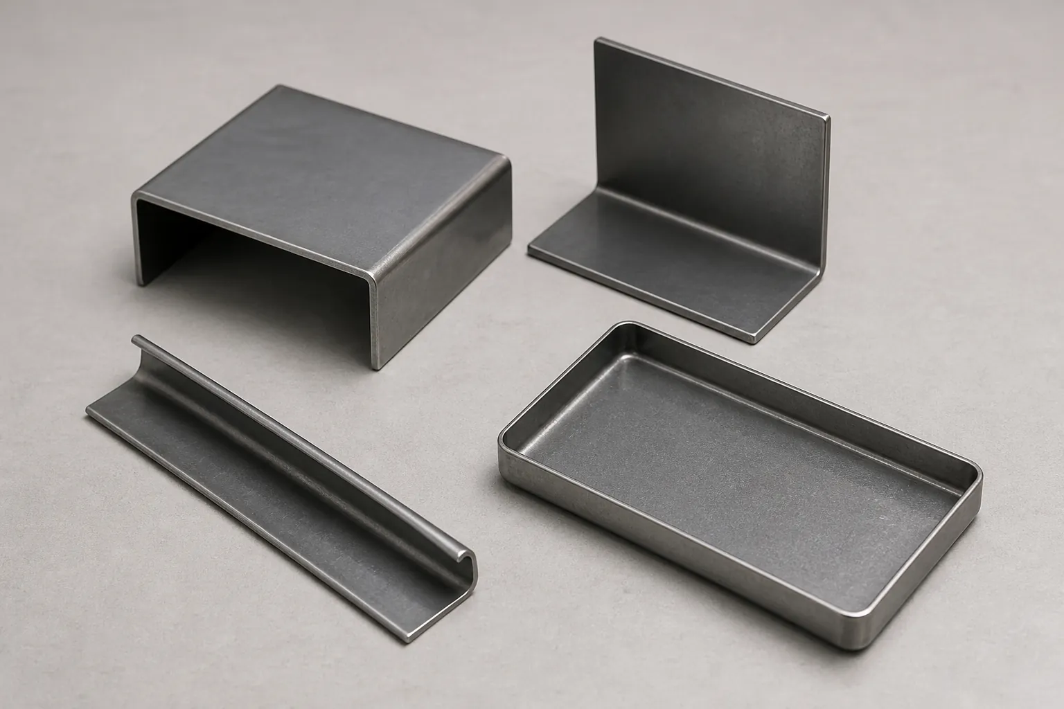 Formed and bent sheet metal components: a U-channel, an L-bracket, a hemmed edge strip and a shallow formed tray
