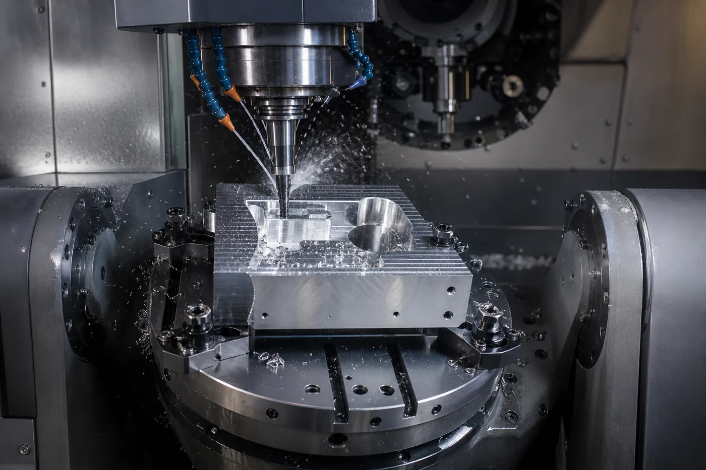 Five-axis CNC machining centre milling an aluminium component