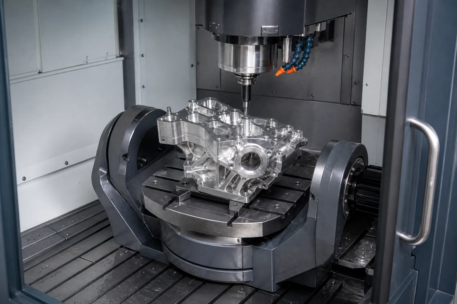 Five-axis CNC machining centre with a complex machined aluminium component mounted on a trunnion table