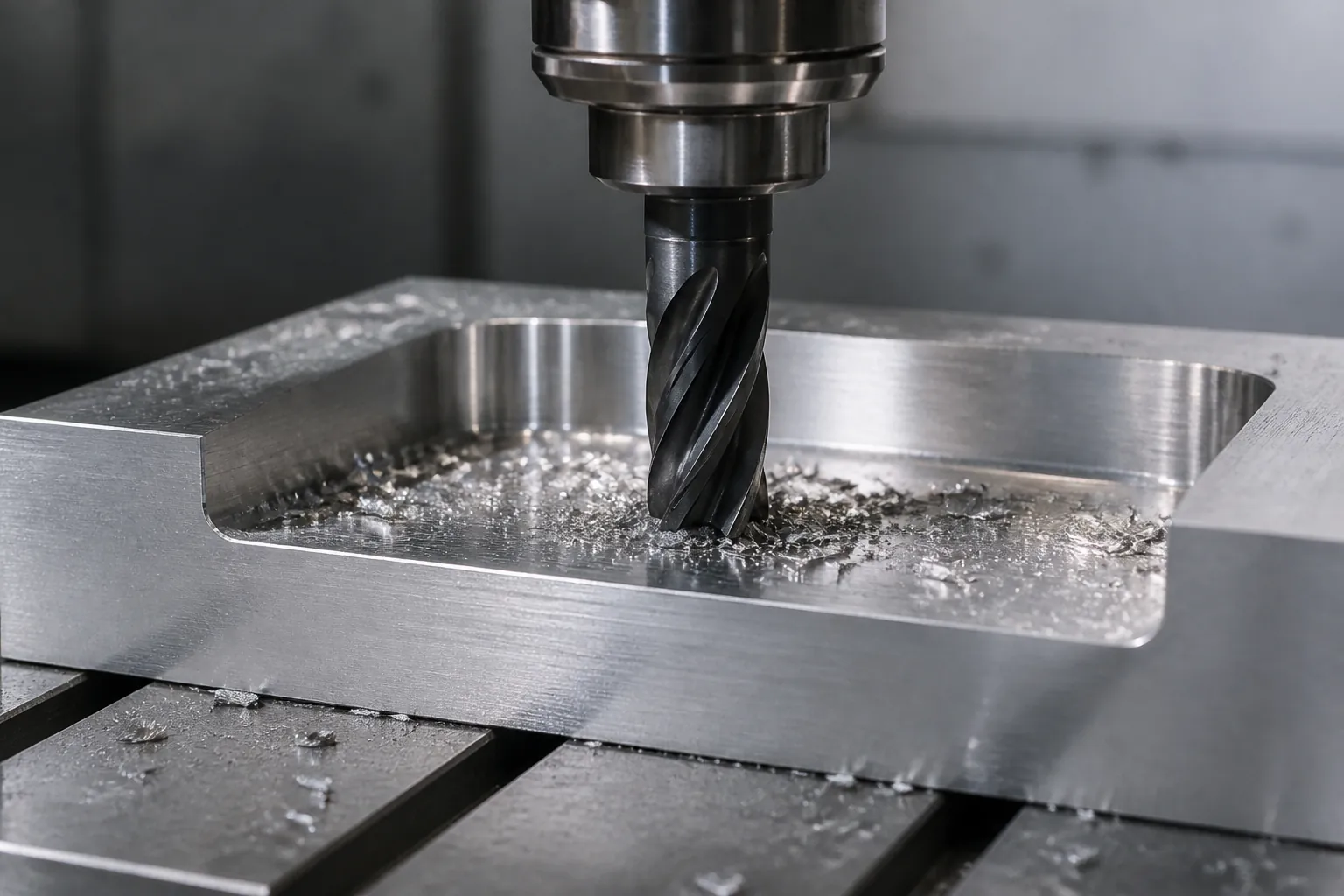 Carbide end mill cutting a rectangular pocket into an aluminium workpiece on a CNC machine table