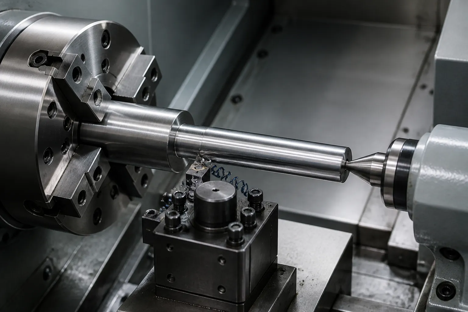 CNC lathe turning a steel shaft between the four-jaw chuck and the tailstock, with the turning tool engaged