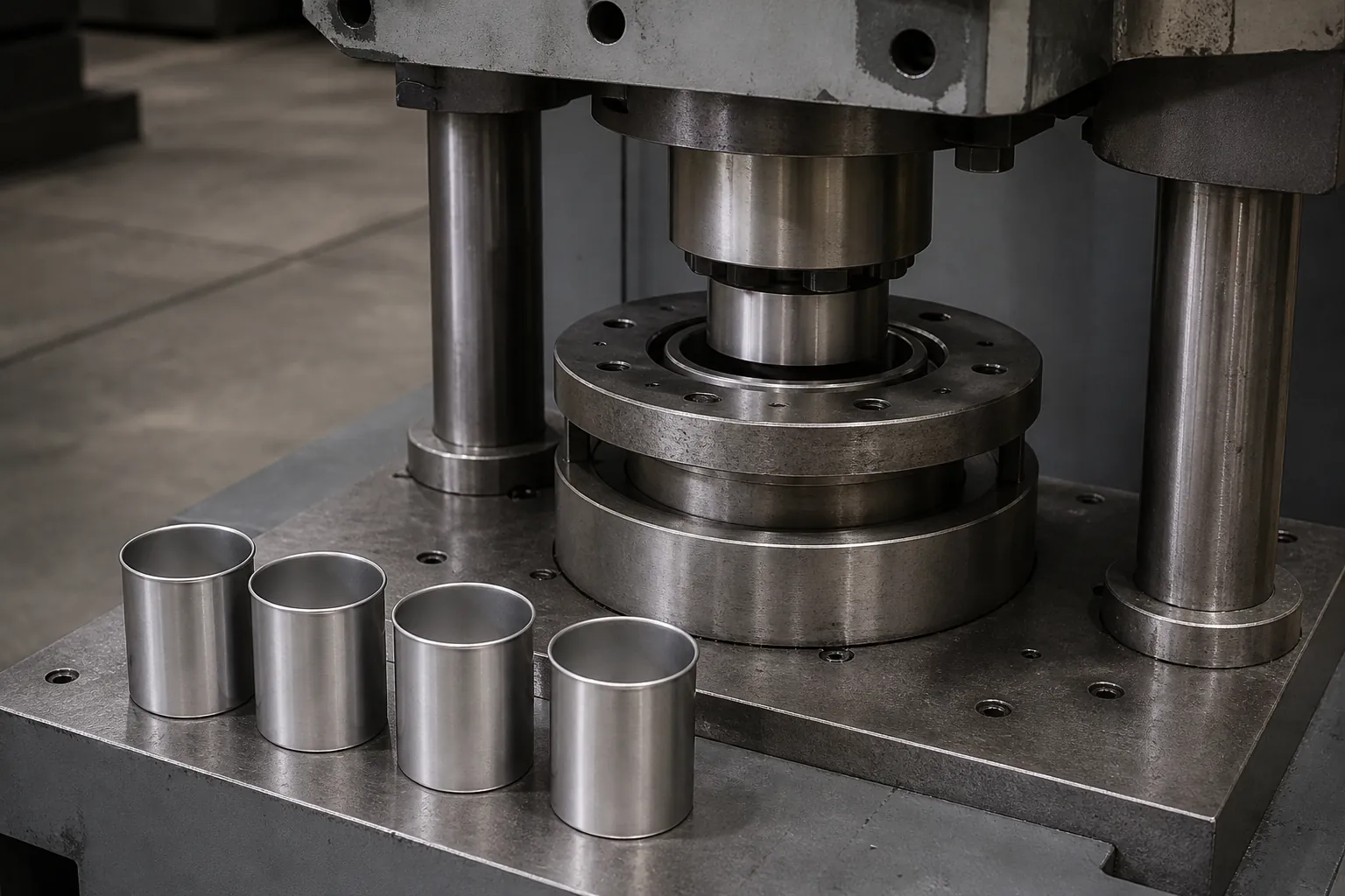 Hydraulic deep drawing press forming a metal cup, with finished drawn cups on the press bed