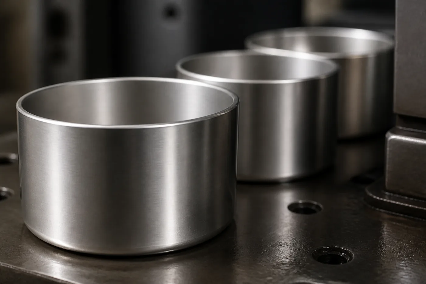 Deep-drawn aluminium cups showing wall thickness at the rim and the drawn surface