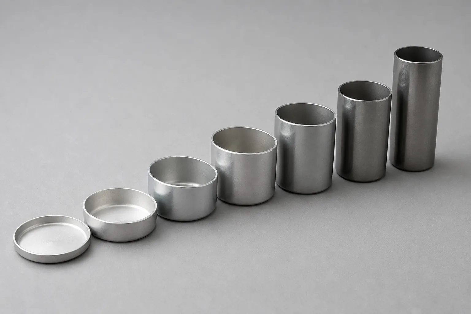 Deep drawn metal shells in ascending depth showing the stages of a multi-stage draw, from a shallow cup to a tall can