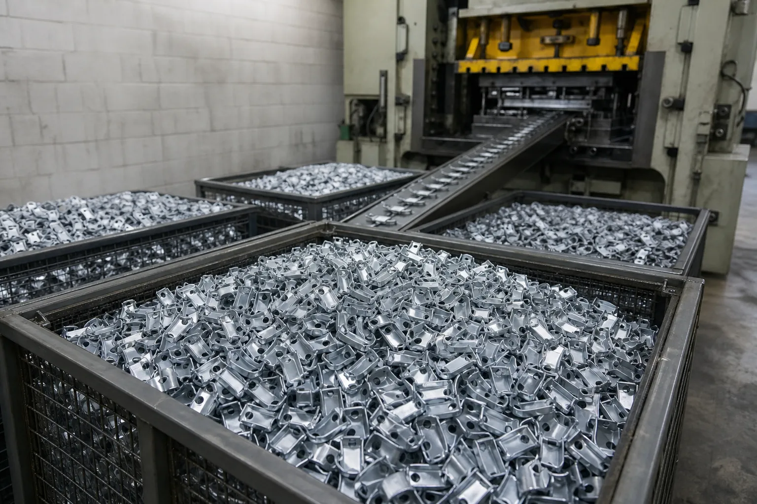 Bins of thousands of identical zinc plated formed metal parts feeding from a high-volume stamping press