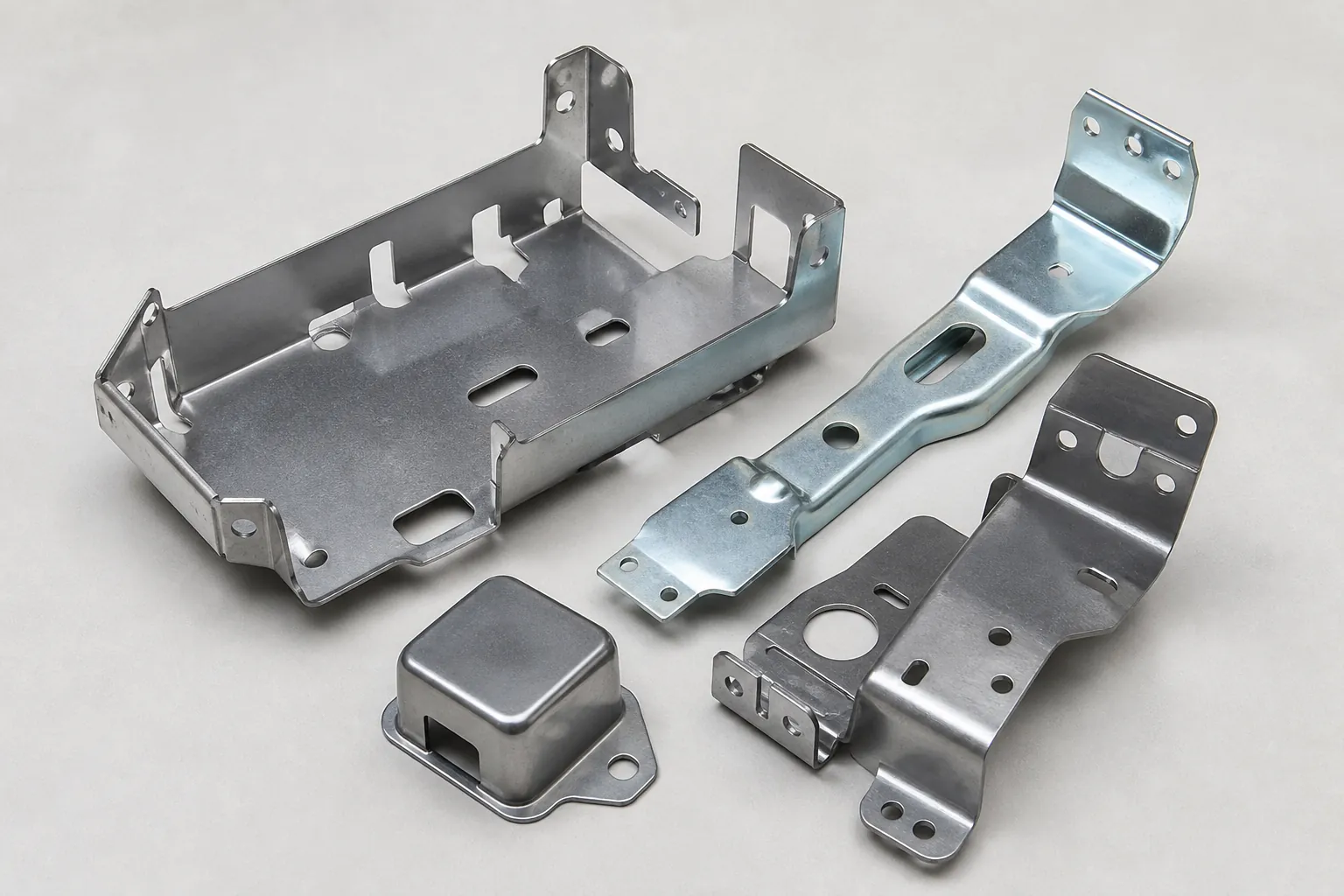 Zinc plated formed automotive sheet metal parts: a battery module support frame, a busbar support bracket, a mounting bracket and a stamped housing