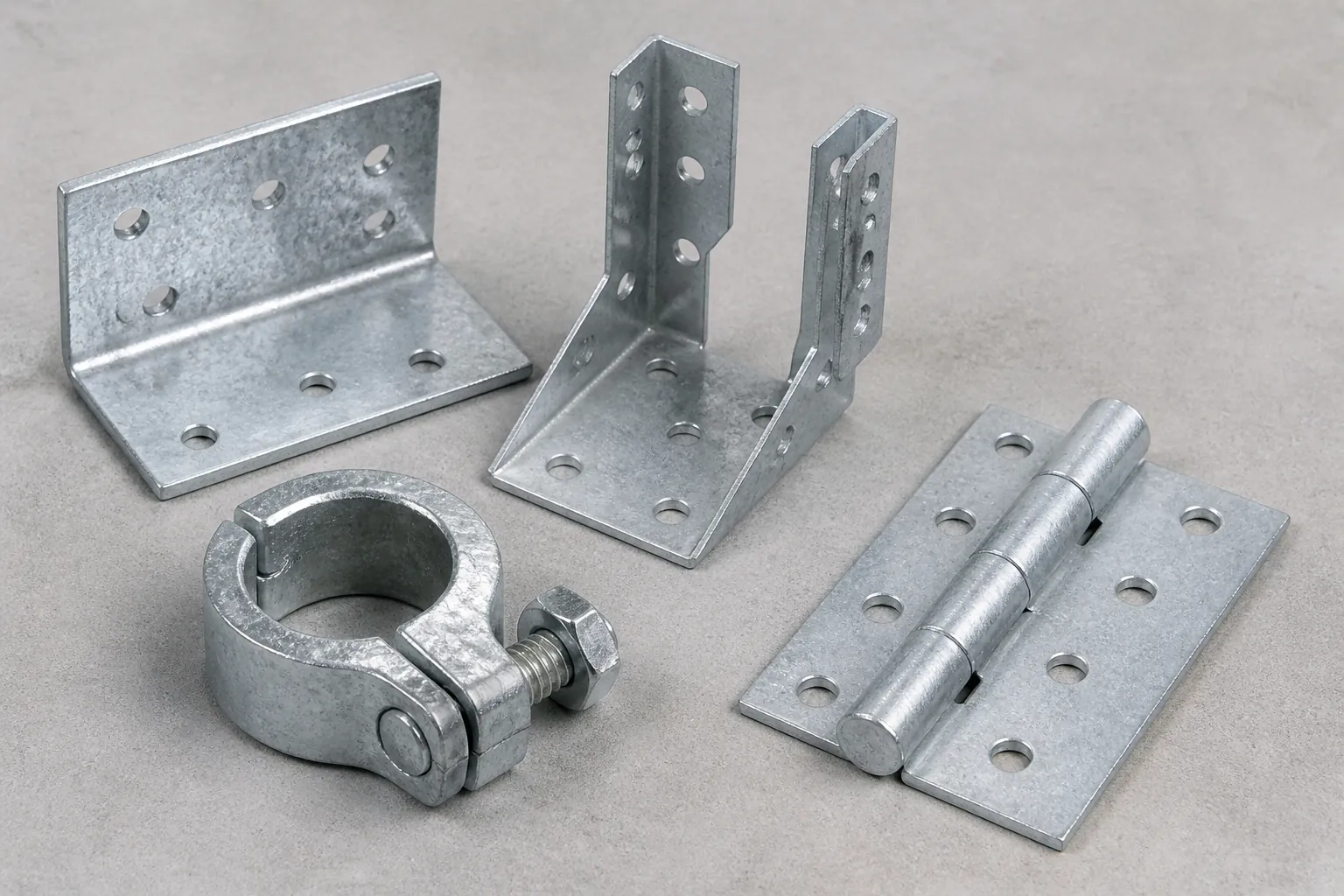 Hot dip galvanised construction hardware: an angle bracket, a joist hanger, a pipe clamp with bolt and a heavy duty hinge