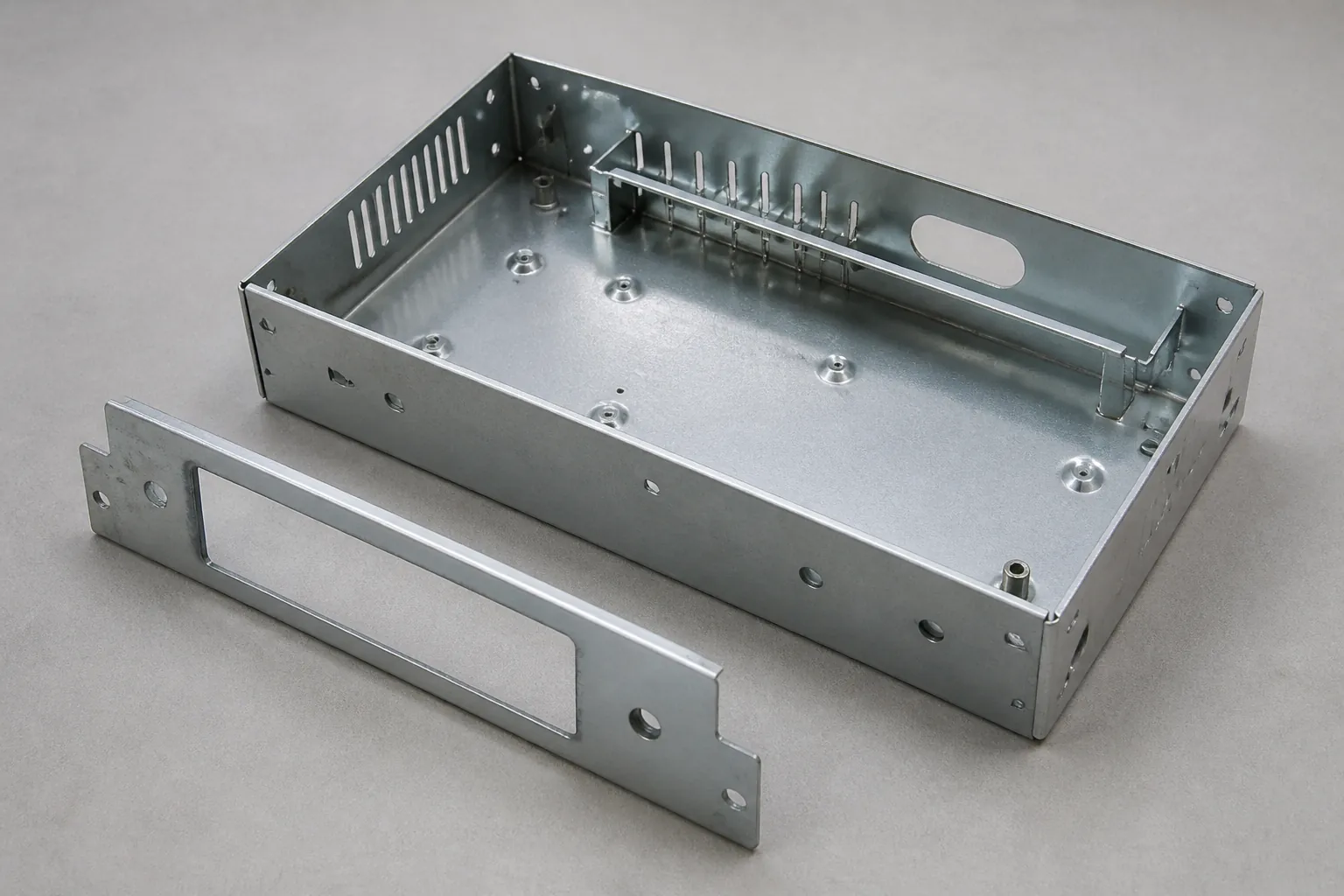 Fabricated zinc plated sheet metal electronic chassis with the lid removed, showing formed mounting bosses, a card guide and ventilation slots, beside a formed front panel