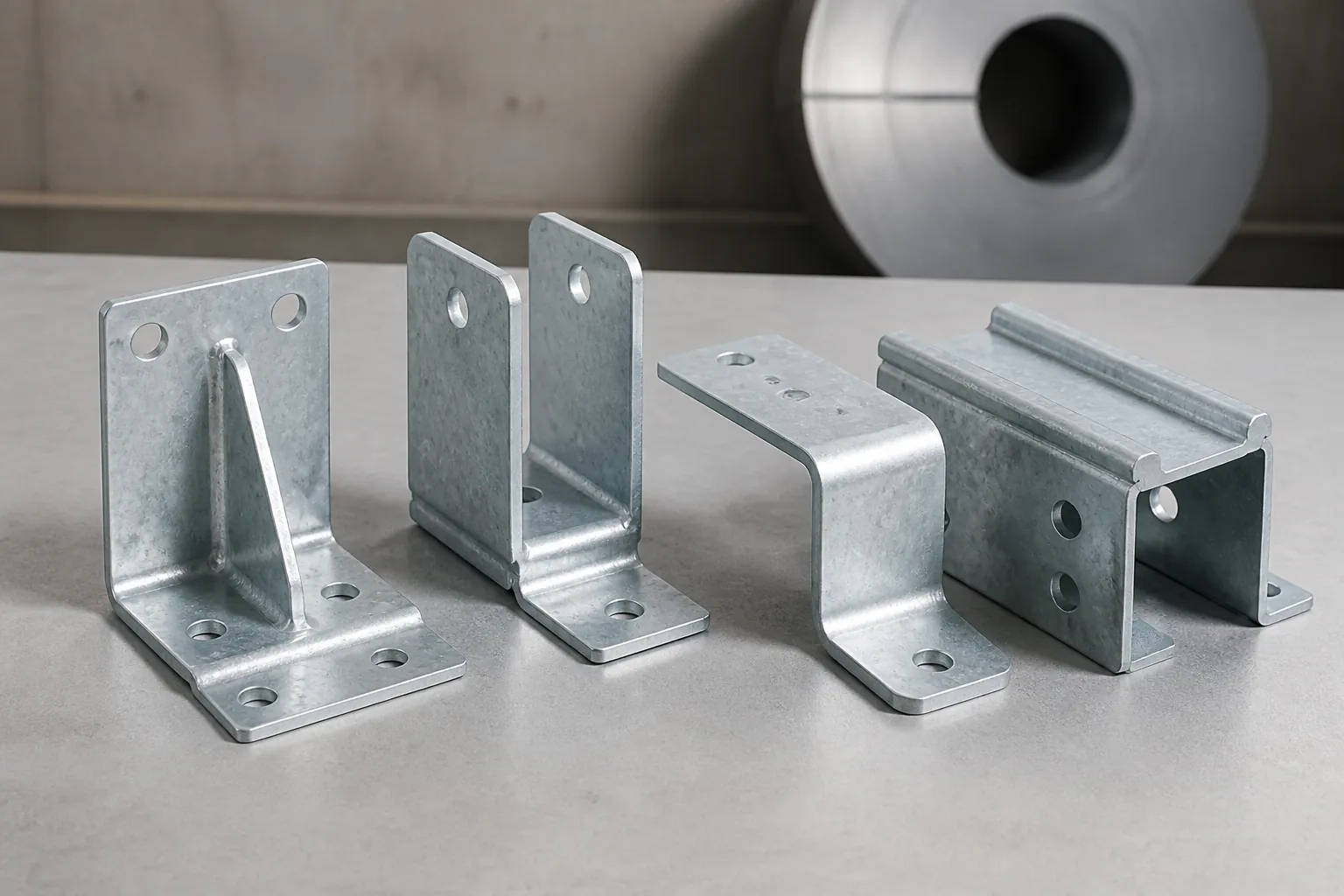 Hot dip galvanised sheet metal mounting brackets for outdoor energy infrastructure: an angle bracket with gusset, a U-bracket, a Z-formed strap and a perforated channel section