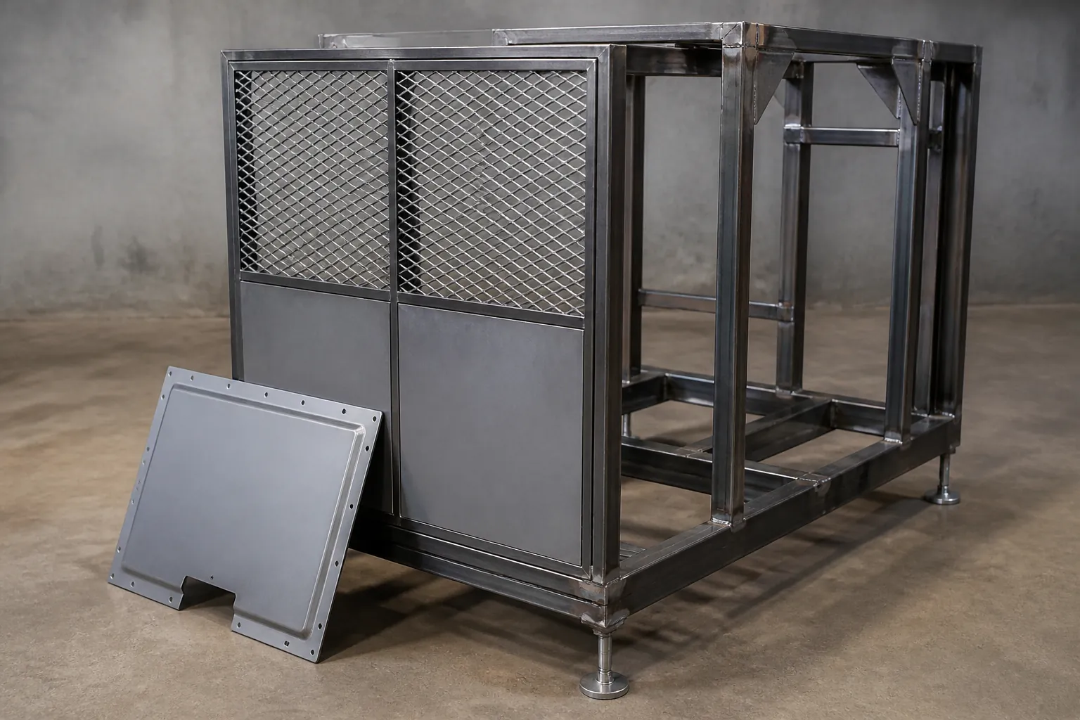 Fabricated machine guard with expanded metal mesh infill in a welded steel frame, beside a welded equipment frame with diagonal braces and levelling feet
