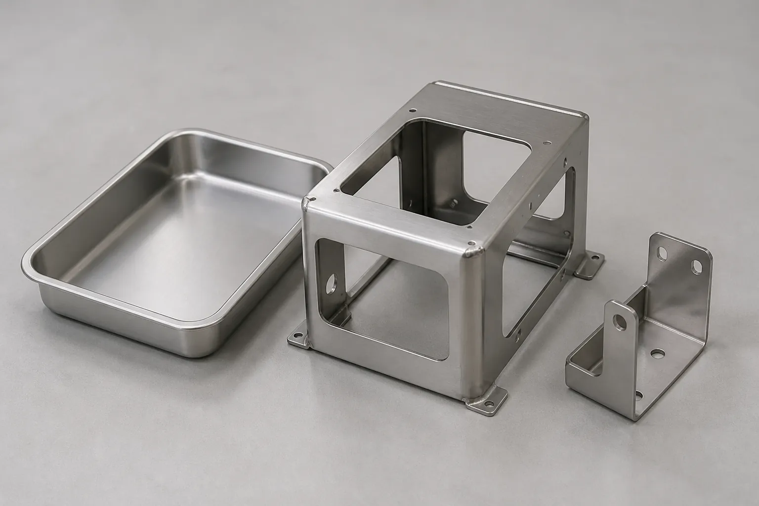 Brushed stainless steel fabricated components: a deep drawn instrument tray, a welded frame with cut-out windows and mounting flanges, and a formed mounting bracket