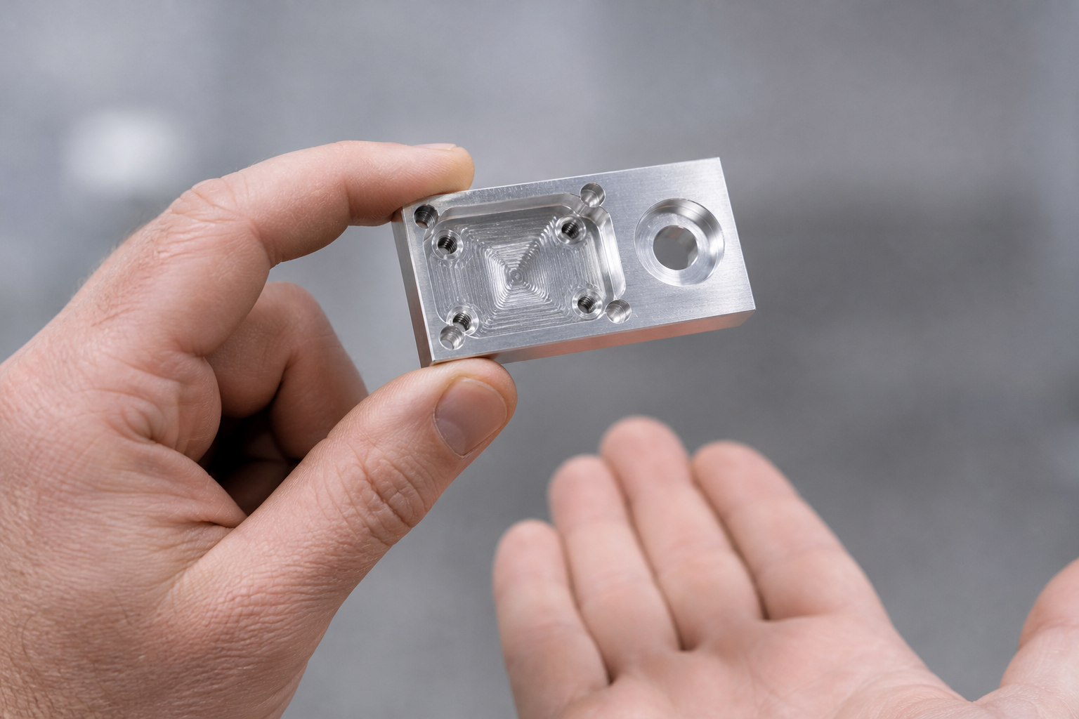 Engineer presenting a CNC machined aluminium component with milled pockets and tapped holes