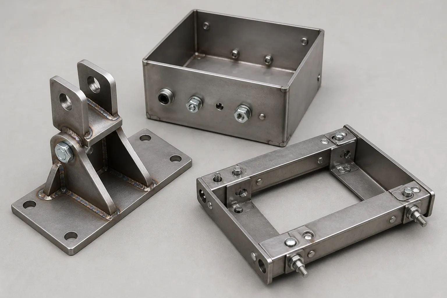 Assembled metal sub-assemblies: a welded bracket assembly, a welded enclosure with fitted hardware, and a riveted and bolted frame