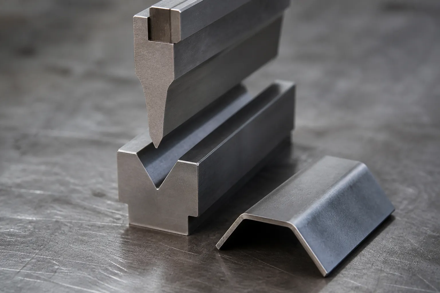 Press brake punch and V-die tooling with a bent sheet metal test piece showing the formed angle