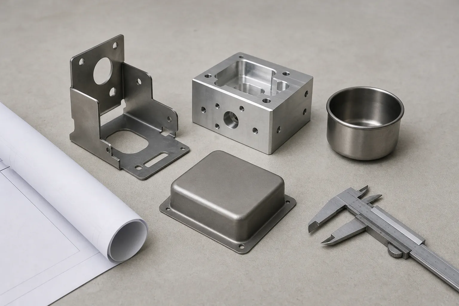 Rapid prototype metal parts on a workbench: a laser cut bracket, a machined block, a drawn cup and a formed cover, with a drawing and vernier calipers