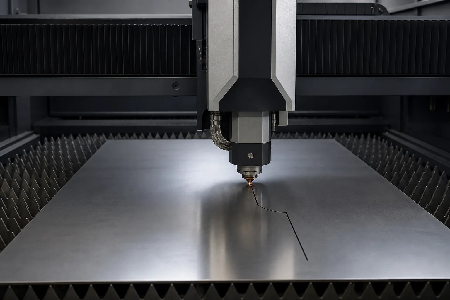 Fibre laser cutting head cutting a profiled kerf into a flat sheet metal plate on a slatted cutting bed