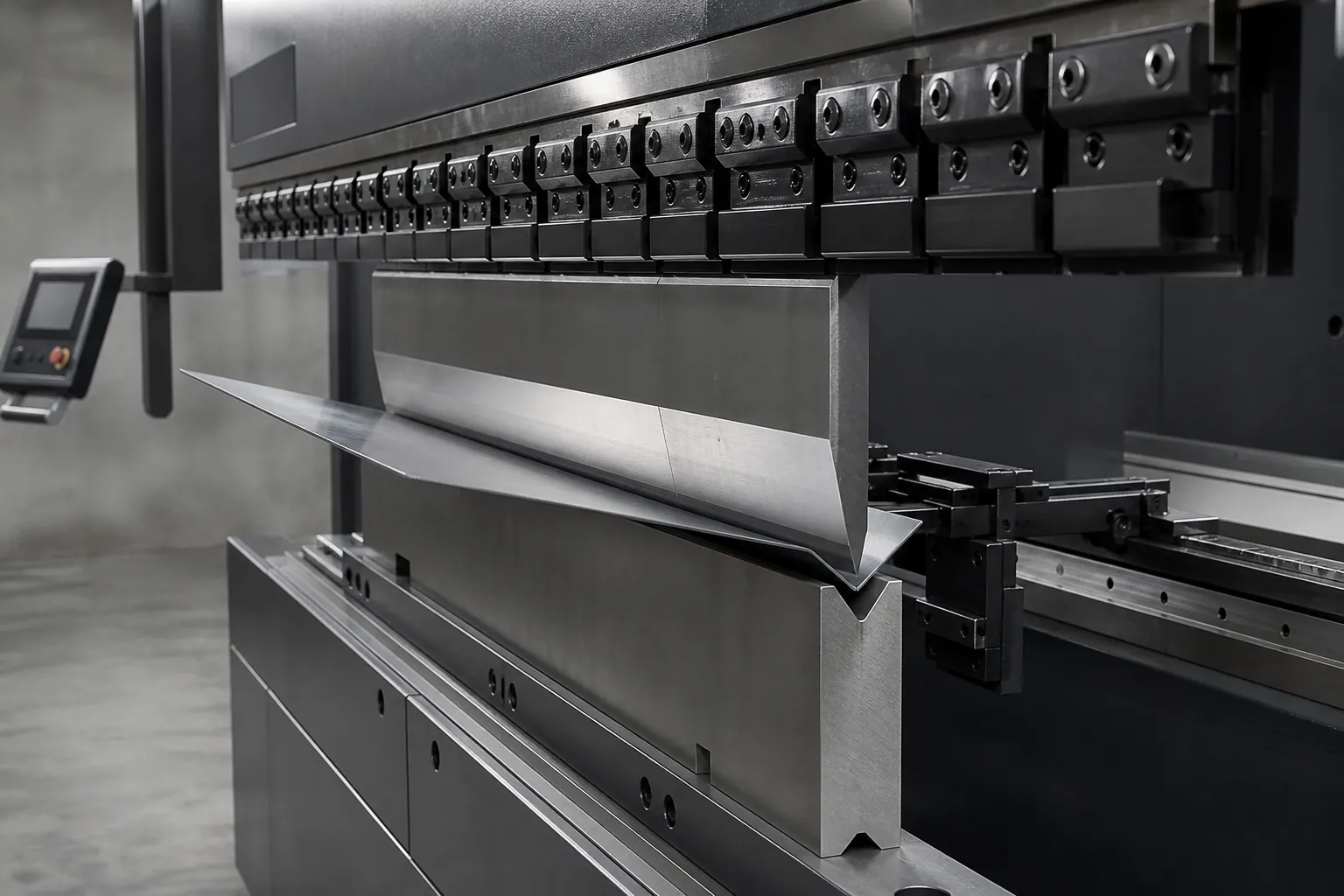 CNC press brake bending a sheet metal blank between a segmented punch and a V-die