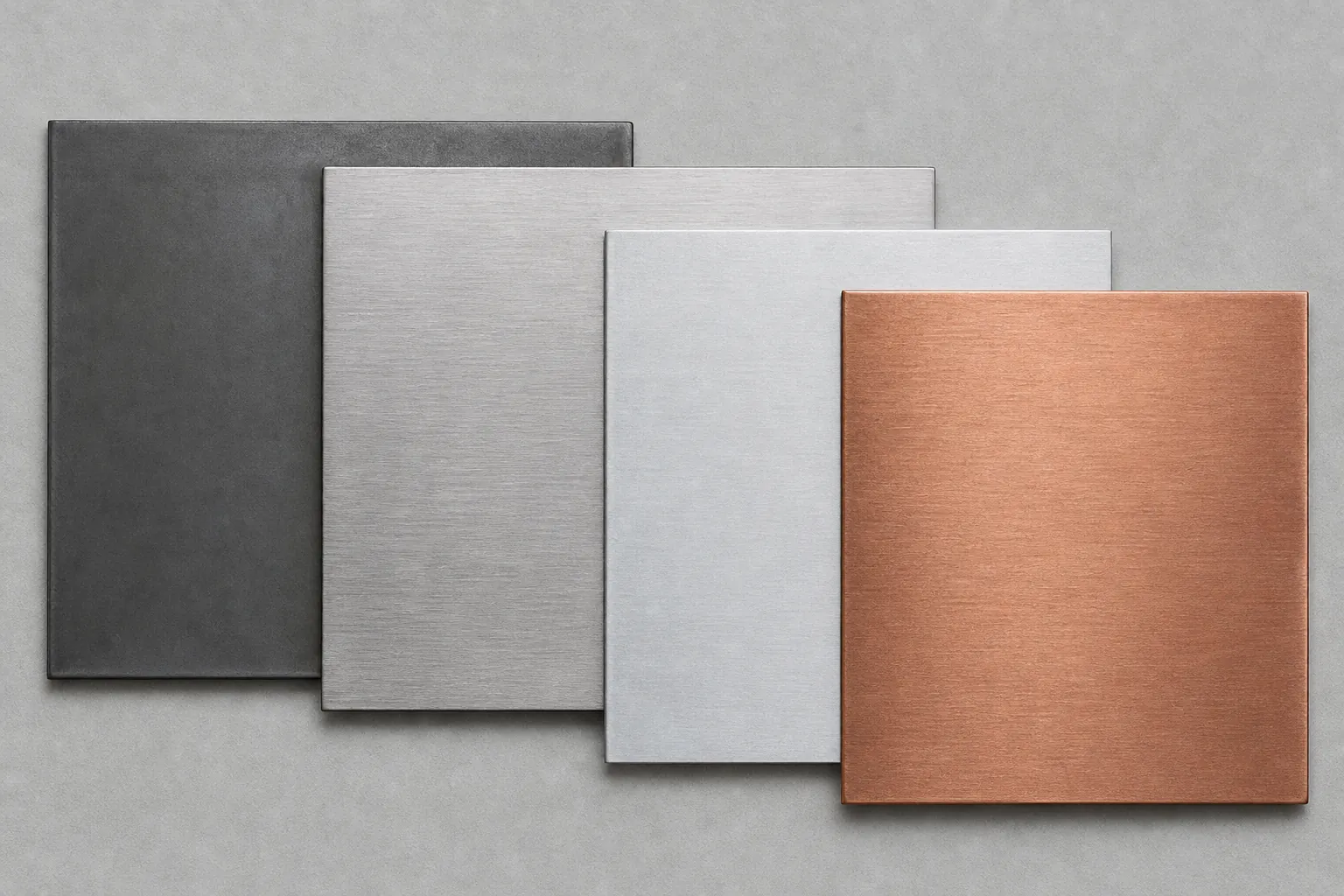 Sheet metal sample plates in carbon steel, brushed stainless steel, aluminium and copper sheet