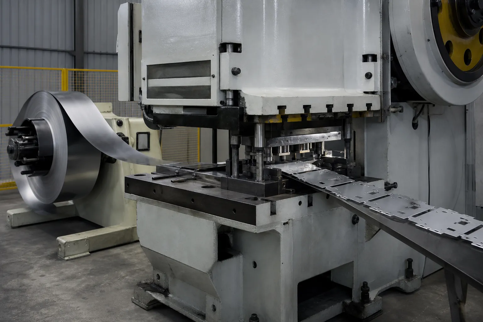 Mechanical stamping press with steel coil stock feeding into a progressive die and stamped metal parts exiting the press