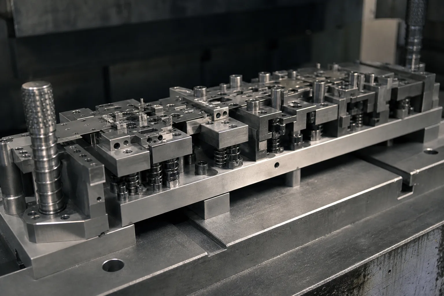 Progressive stamping die for industrial machinery guards