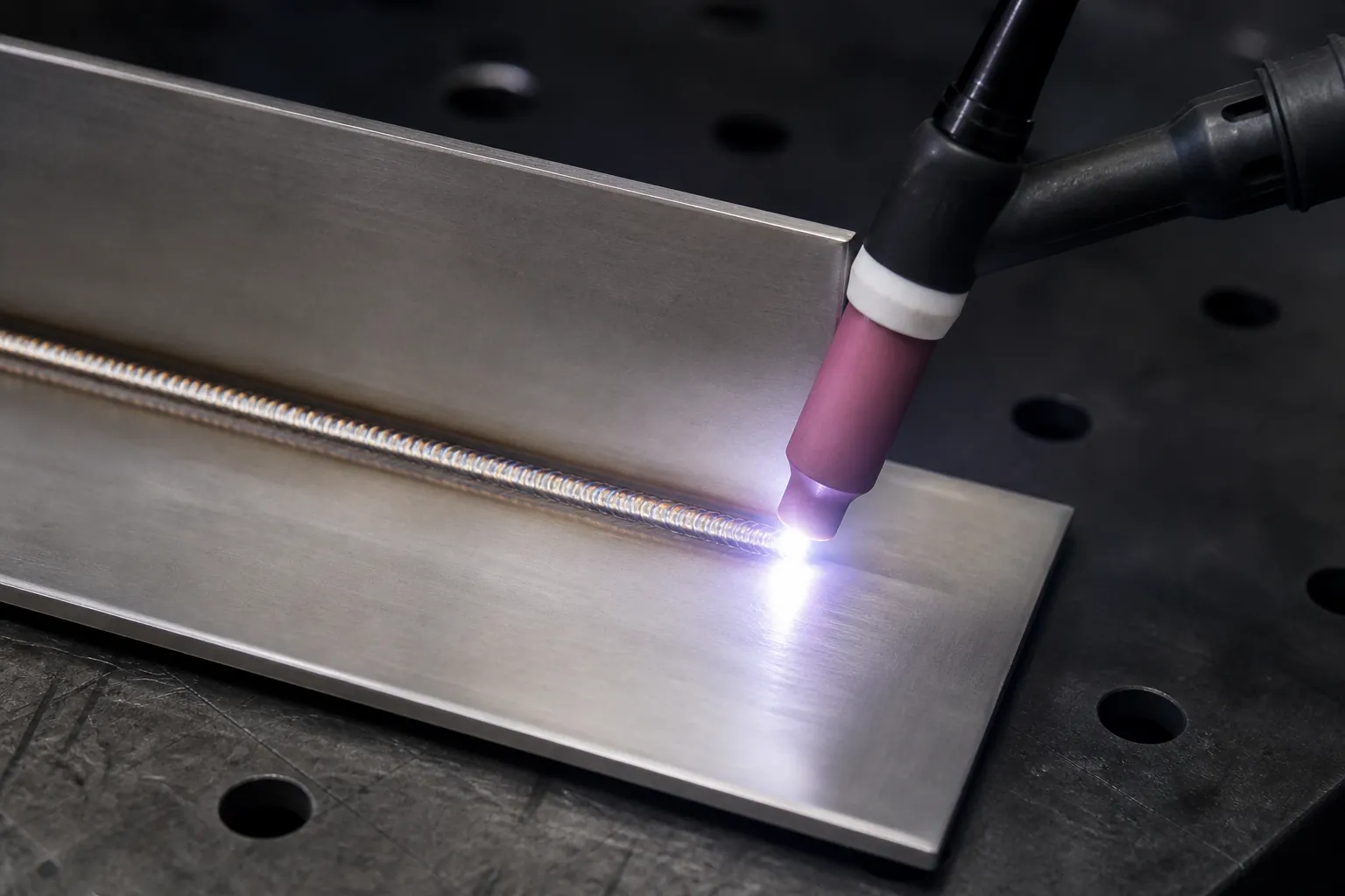 TIG welding torch fusing a stainless steel sheet metal joint with a continuous weld bead