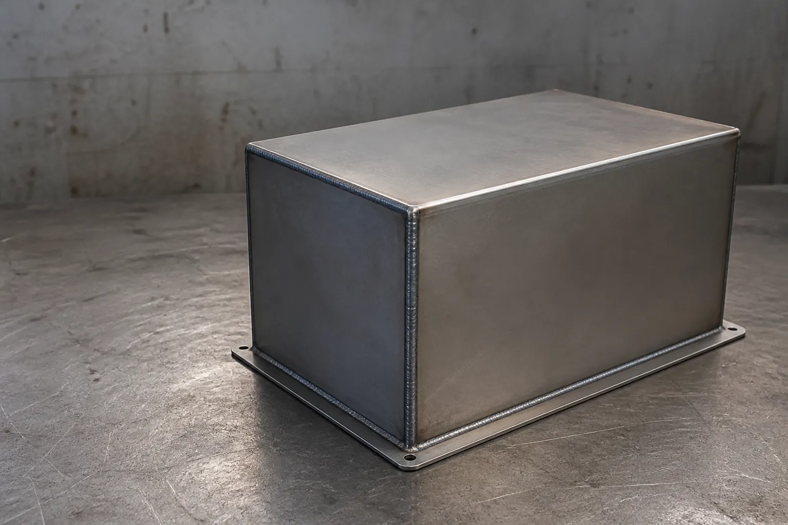 Welded steel sheet metal enclosure with continuous corner welds and a mounting flange